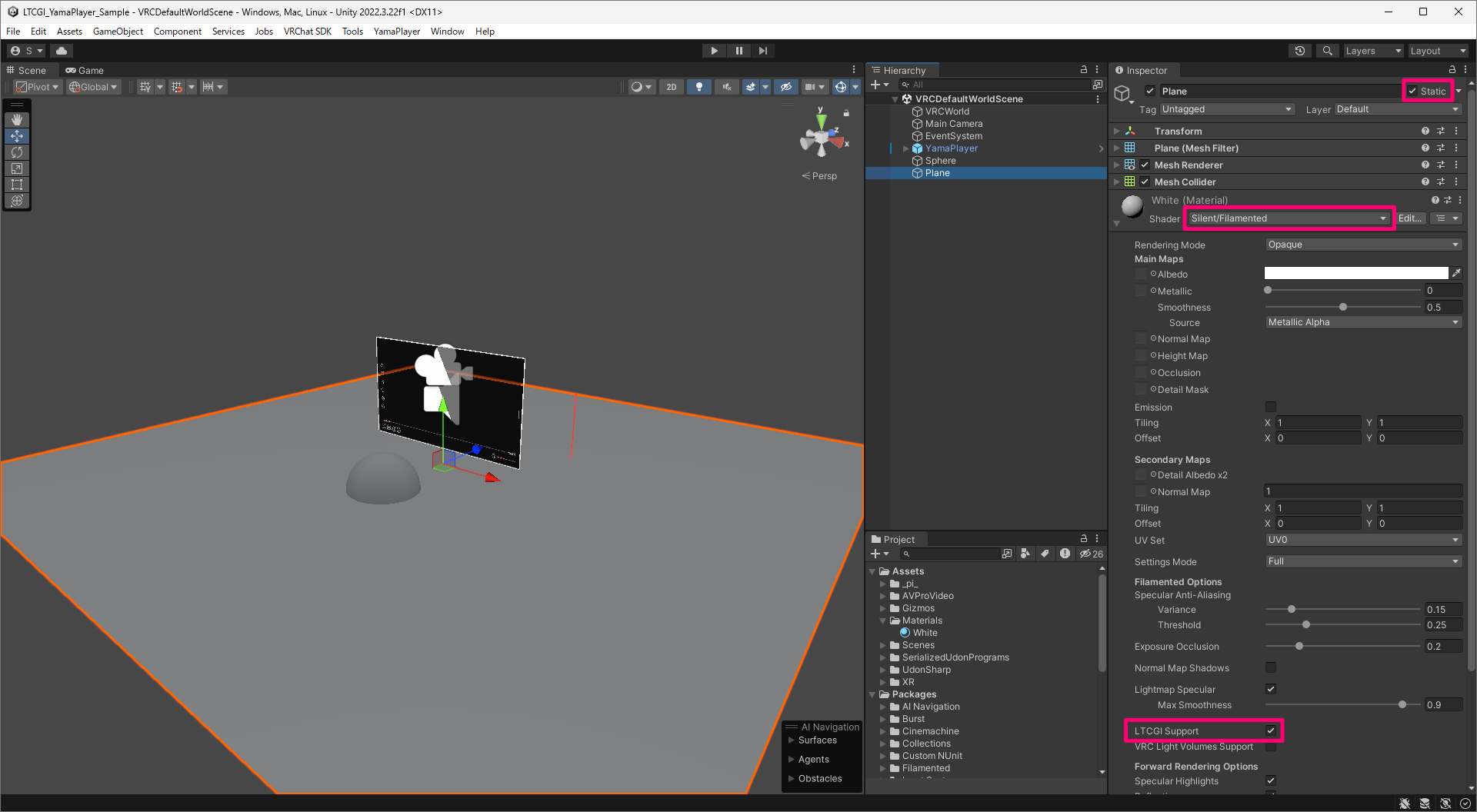 Filamentedシェーダーを適用したマテリアルのインスペクター画面